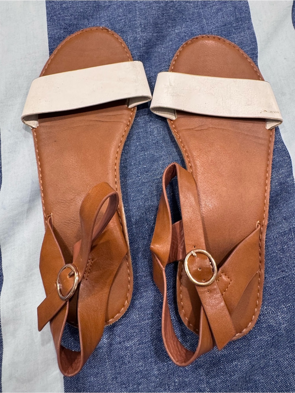 Women’s Tan Leather Sandals with Cream Strap - Picture 1 of 6